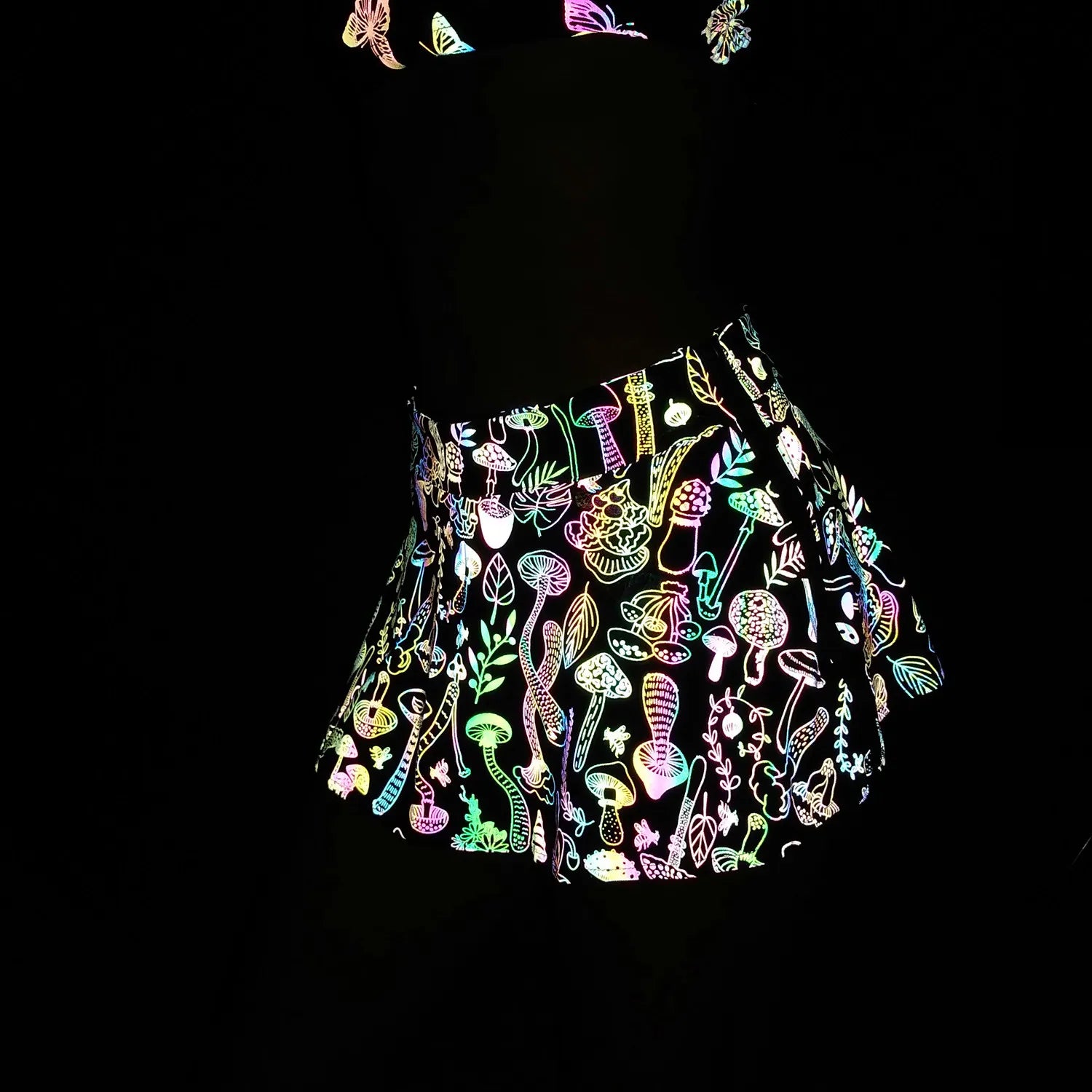 Sexy Night Club Women Skirts Colorful Reflective Mini Skirt Zipper Mushroom Printed Polo Dance Harajuku Fashion Clothes